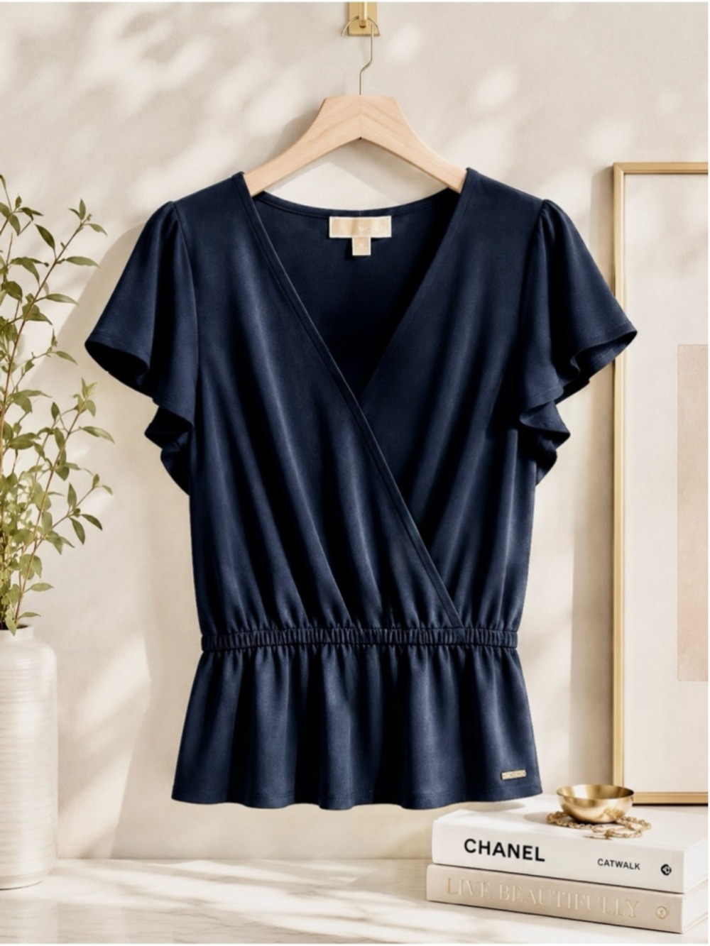 Michael Kors Navy Blue Wrap Peplum Top Medium